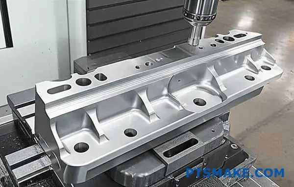 Przemysłowa frezarka CNC przetwarzająca duży tytanowy wspornik lotniczy, pokazująca precyzyjne operacje obróbki ponadgabarytowych elementów metalowych