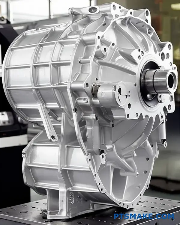 Precyzyjny, duży komponent lotniczy obrabiany CNC, charakteryzujący się wąskimi tolerancjami i doskonałym wykończeniem powierzchni na produkcyjnym stole warsztatowym