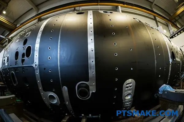 Duży, precyzyjnie obrobiony metalowy element kadłuba łodzi podwodnej pokazujący szczegółowe prace produkcyjne CNC na przemysłowym stole warsztatowym