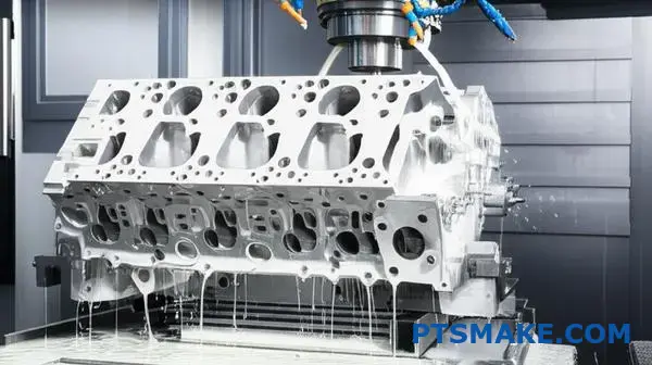 Przemysłowa maszyna CNC przetwarzająca duży aluminiowy blok silnika z systemem chłodzenia do precyzyjnej produkcji