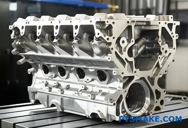 Precyzyjnie obrobiony duży aluminiowy blok silnika prezentujący możliwości produkcyjne CNC dla komponentów motoryzacyjnych