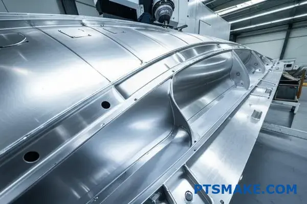 Zaawansowana 5-osiowa maszyna CNC wykonująca precyzyjną obróbkę cnc dużych części aluminiowego elementu skrzydła samolotu w warsztacie przemysłowym