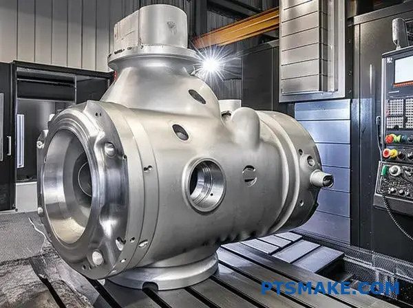 Przemysłowa wytaczarka CNC tworząca precyzyjną geometrię wewnętrzną w dużym metalowym elemencie korpusu zaworu do ciężkich zastosowań produkcyjnych