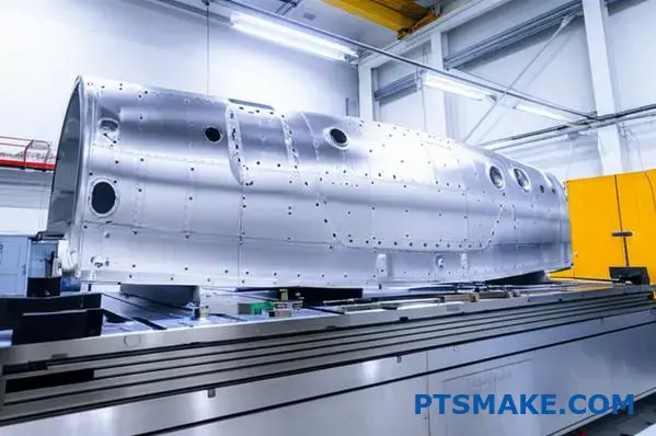 Inspektor jakości sprawdzający duży element skrzydła samolotu obrabiany CNC za pomocą precyzyjnych narzędzi pomiarowych na stole inspekcyjnym