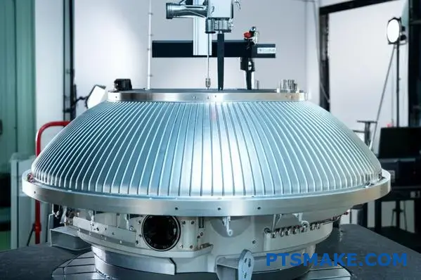 Precyzyjny pomiar dużych elementów obrabianych CNC za pomocą współrzędnościowej maszyny pomiarowej w celu weryfikacji wymiarów i kontroli jakości.