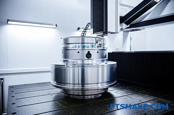 Współrzędnościowa maszyna pomiarowa kontrolująca duży element cylindryczny obrabiany CNC pod kątem dokładności wymiarowej i kontroli jakości.