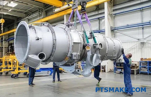 Dźwig przemysłowy ostrożnie przenosi ponadwymiarowy obrabiany element lotniczy w zakładzie produkcyjnym ze skoordynowanym zespołem