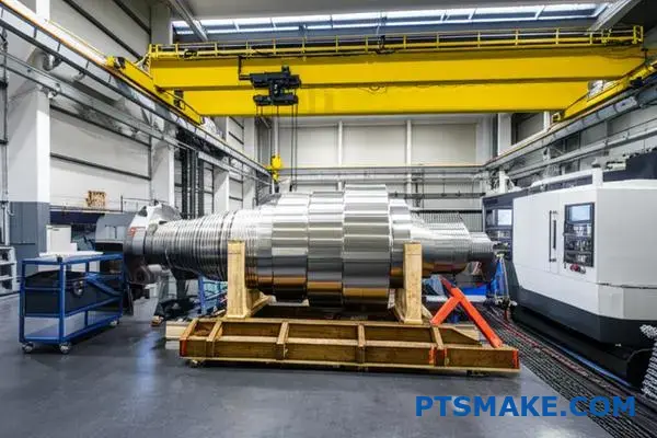 Ciężki, precyzyjnie obrobiony komponent zabezpieczony w niestandardowej drewnianej podstawce, gotowy do transportu logistycznego obróbki cnc dużych części