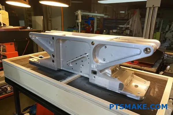 Duża, precyzyjnie obrobiona CNC aluminiowa część zabezpieczona w niestandardowym uchwycie transportowym dla bezpiecznego przenoszenia i wysyłki