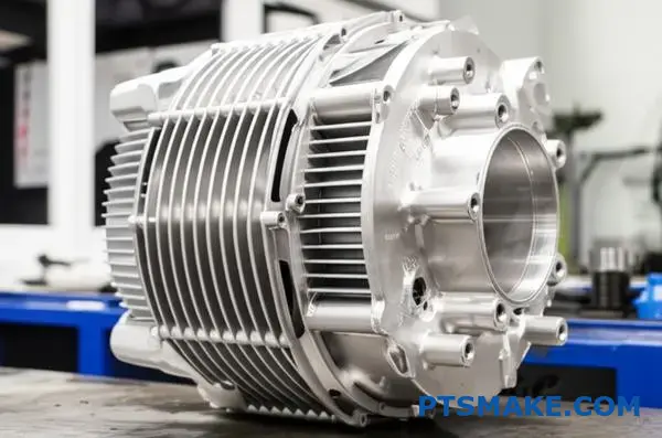 Precyzyjna, wielkogabarytowa obróbka CNC aluminiowej obudowy silnika lotniczego ze szczegółowymi elementami montażowymi na przemysłowym stole warsztatowym