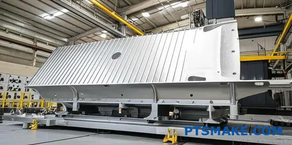 Przemysłowa obróbka CNC dużej aluminiowej części lotniczej pokazująca precyzyjną produkcję ponadgabarytowych komponentów