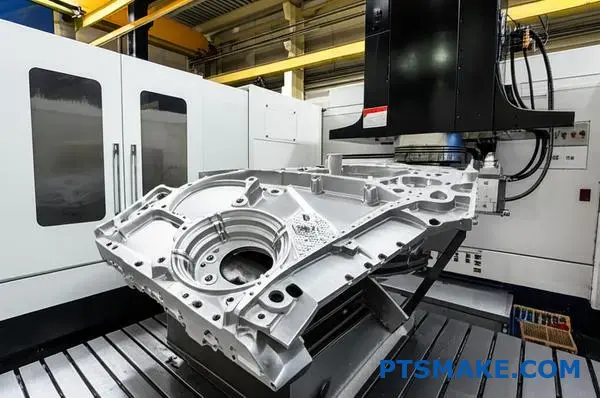 Precyzyjna obróbka CNC dużego elementu konstrukcyjnego dla przemysłu lotniczego, prezentująca zaawansowane możliwości produkcji ponadgabarytowych części.