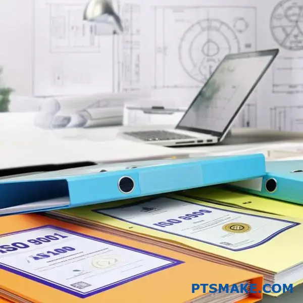 Profesjonalne dokumenty certyfikacyjne i systemy zarządzania jakością dla dużych projektów obróbki cnc wyświetlane na biurku.