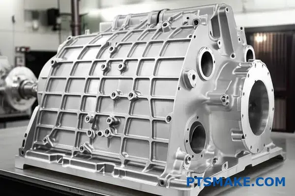 Precyzyjnie wykonana, wielkogabarytowa obudowa silnika lotniczego o złożonej geometrii i wąskich tolerancjach uzyskanych dzięki specjalistycznej produkcji CNC.