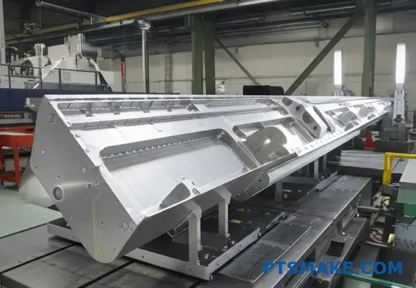 Precyzyjnie obrobione duże aluminiowe żebro skrzydła prezentujące złożone możliwości obróbki CNC do zastosowań lotniczych i kosmonautycznych