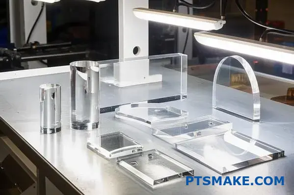 Hochwertige, transparente Acrylteile mit präzisen, CNC-gefrästen Oberflächen, die sich durch optische Klarheit und Maßhaltigkeit auszeichnen