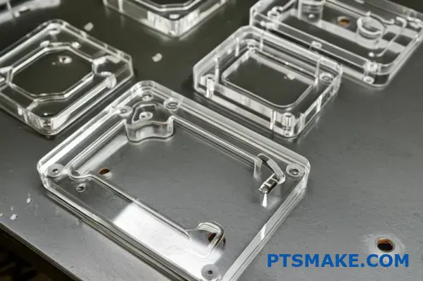 Klare, maschinell bearbeitete Acrylteile mit optimaler Wandstärke und abgerundeten Innenecken für verbesserte strukturelle Integrität