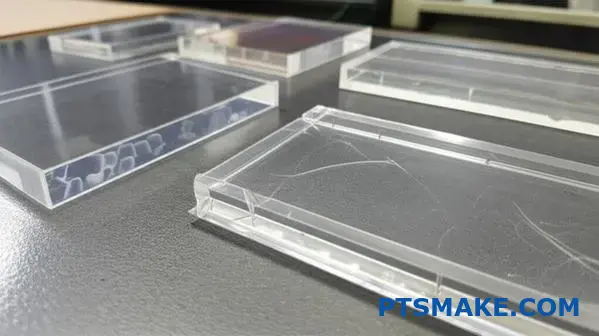 Durchsichtige Acrylteile, die übliche CNC-Bearbeitungsfehler wie Risse und Hitzeschäden auf dem Werkstatttisch zeigen