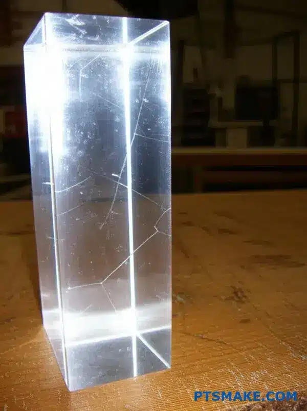 Durchsichtiges Acrylteil mit üblichen CNC-Bearbeitungsfehlern, einschließlich Spannungsrissen und Oberflächenfehlern aufgrund ungeeigneter Schnittparameter