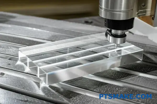 Hochwertiges, CNC-gefrästes, transparentes Acrylteil mit glatten Kanten und kristallklarem Finish auf einer industriellen Werkbank