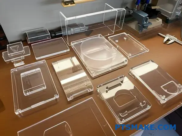 CNC-gefräste Elektronikgehäuse aus klarem Acryl, die auf einem Werkstatttisch mit Messinstrumenten einer Maßkontrolle unterzogen werden