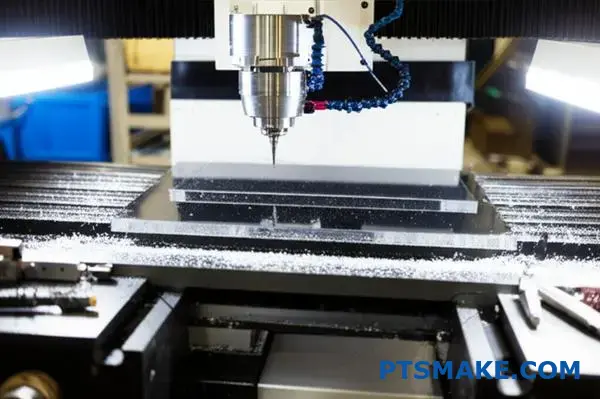 Präzisions-CNC-Fräsmaschine bei der Bearbeitung eines transparenten rechteckigen Acrylbauteils in einer modernen Werkstattumgebung