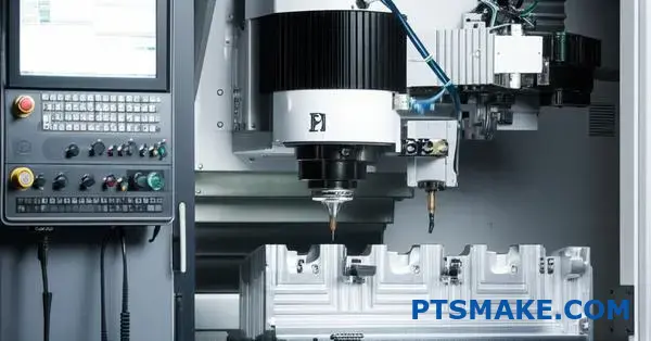 Avanceret CNC-fræser med integreret inspektionssystem, der udfører præcisionsskruebearbejdning på metalliske komponenter