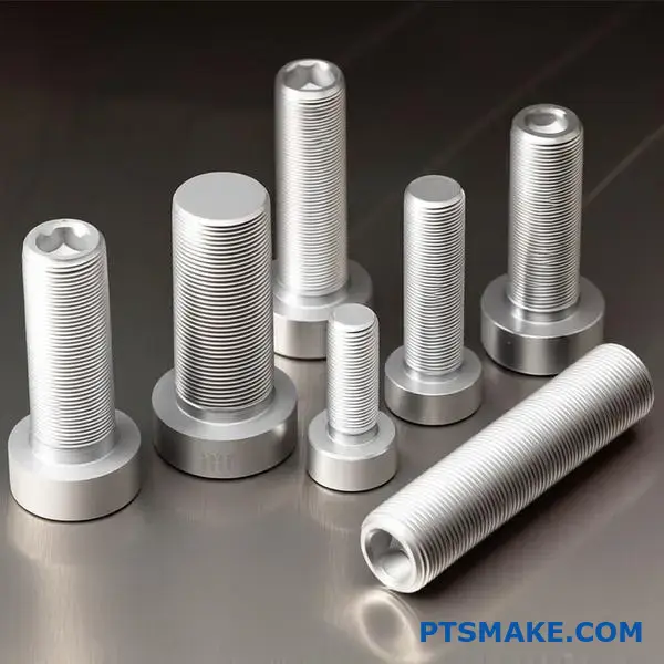 Flere CNC-bearbejdede titaniumskruer med forskellige gevindmønstre, der viser evnen til at fremstille præcisionsskruer til rumfartsapplikationer