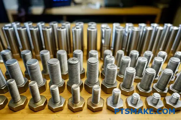 Forskellige præcisionsbearbejdede skruer og bolte, der viser CNC-drejekapacitet på tværs af forskellige materialer og specifikationer