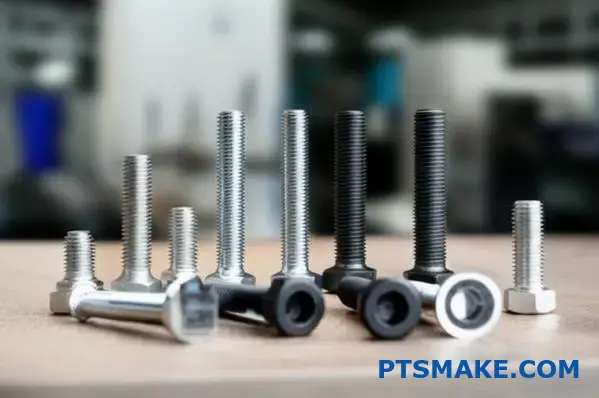 Forskellige CNC-bearbejdede skruer og bolte, der viser mulighederne for præcisionsbearbejdning af skruer til bil- og rumfartsindustrien
