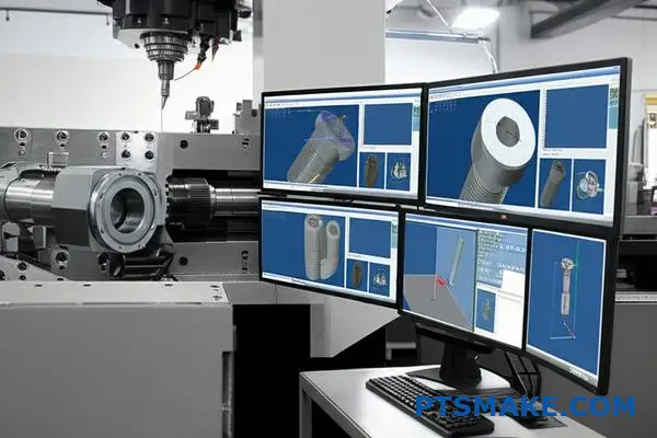 CNC-bearbejdningscenter med CAD-arbejdsstation producerer præcisionsgevindskruer og -bolte i moderne produktionsanlæg