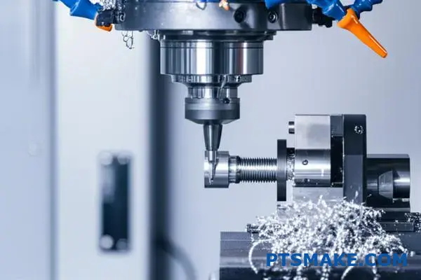 CNC-maskine, der præcist skærer en metalskruekomponent, viser automatiseret fremstillingsproces