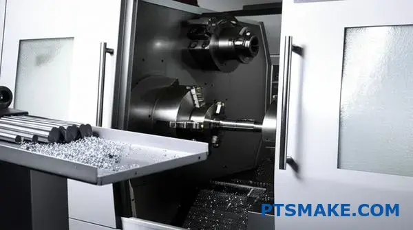 CNC-drejemaskine med automatiseret fremføringssystem, der udfører præcisionsskruebearbejdning af metalkomponenter