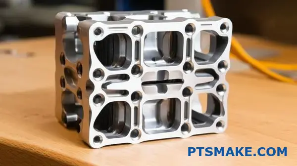 Præcisions-CNC-bearbejdet komponent til medicinsk udstyr med indviklet indvendigt kanaldesign på værkstedsbord