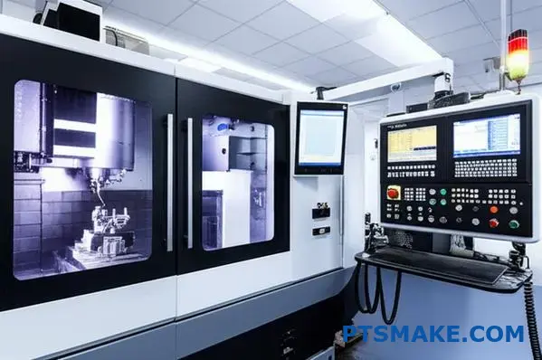 Avanceret CNC-maskine, der producerer præcisionskomponenter til medicinsk udstyr med digitale overvågningssystemer til kvalitetskontrol i moderne produktionsanlæg