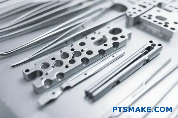 Ortopædiske implantater og kirurgiske instrumenter i titanium med høj præcision, der demonstrerer avancerede medicinske CNC-fremstillingsevner