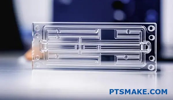 Præcisionsbearbejdet mikrofluidisk manifold i polykarbonat til medicinsk diagnoseudstyr med mikrokanaler til blodanalyse