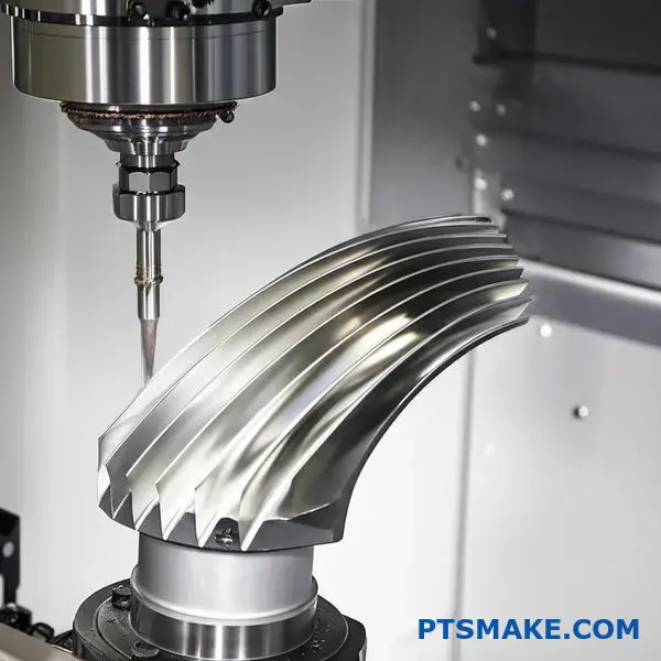 Advanced multi-axis CNC machine precisely cutting a complex titanium turbine blade component in industrial manufacturing facility