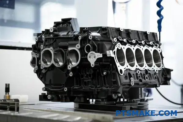 CNC machined automotive engine block showcasing precision multi-axis manufacturing capabilities for complex internal geometries