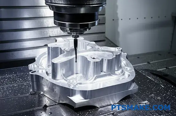5-axis CNC machine precisely manufacturing complex curved aluminum part with intricate geometries and undercuts in single setup