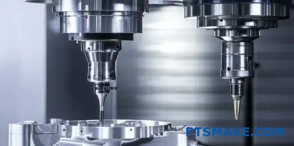 Advanced multi-axis CNC machine precisely cutting complex metallic aerospace part with angled tool positioning