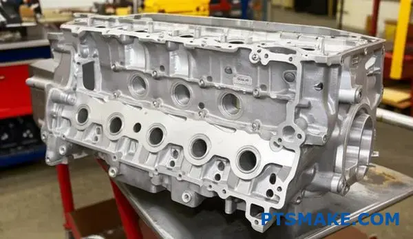 Intricate aluminum engine component showcasing advanced multi axis cnc machining capabilities with internal channels and undercuts