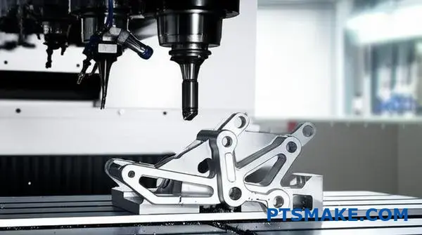 Advanced multi axis CNC machine precisely manufacturing complex aluminum bracket showing automated machining efficiency and reduced setup times