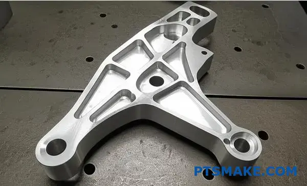 Complex aluminum bracket showing multi axis cnc machining capabilities with precise angled surfaces and holes