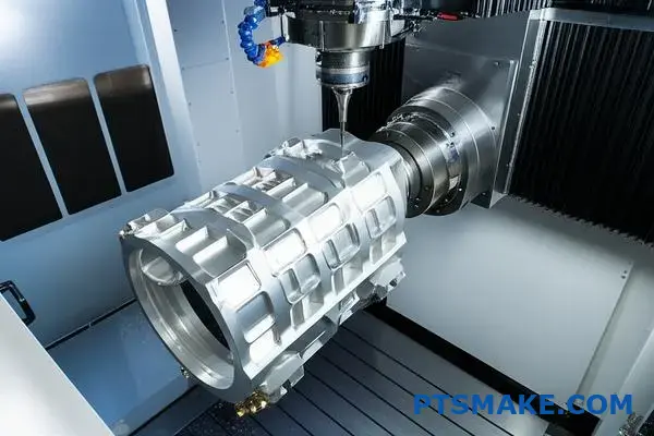Advanced multi-axis CNC machining center cutting complex aluminum aerospace bracket with precision toolpath optimization