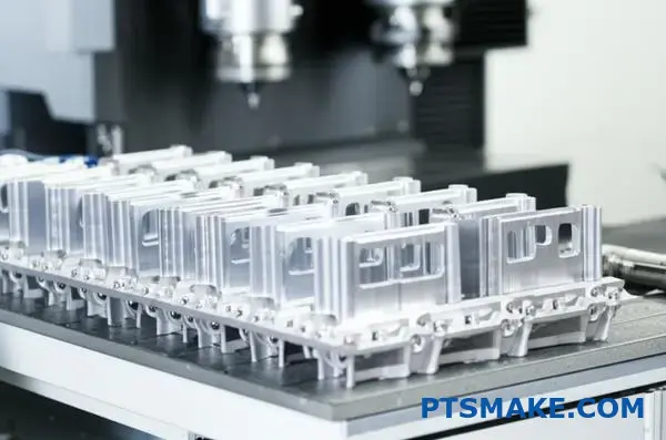 Multiple identical aluminum parts produced by automated CNC machining system demonstrating consistent quality control