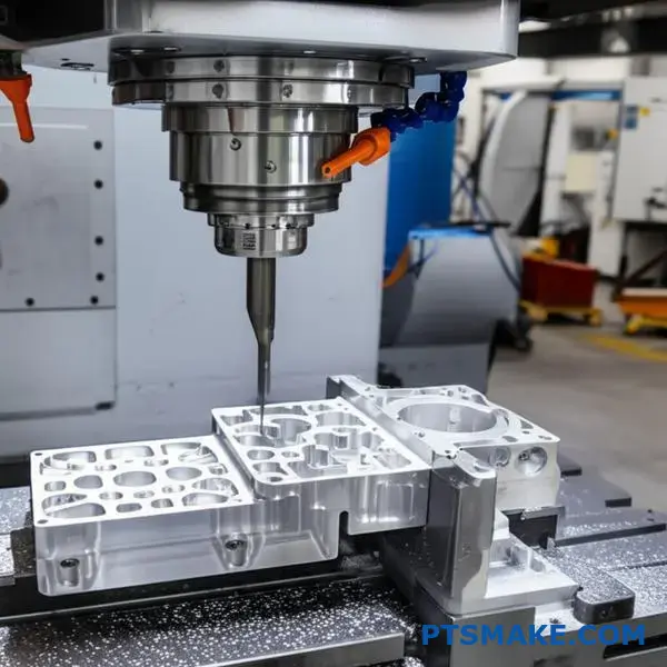 Advanced multi-axis CNC machine precisely machining aluminum aerospace bracket in single setup operation