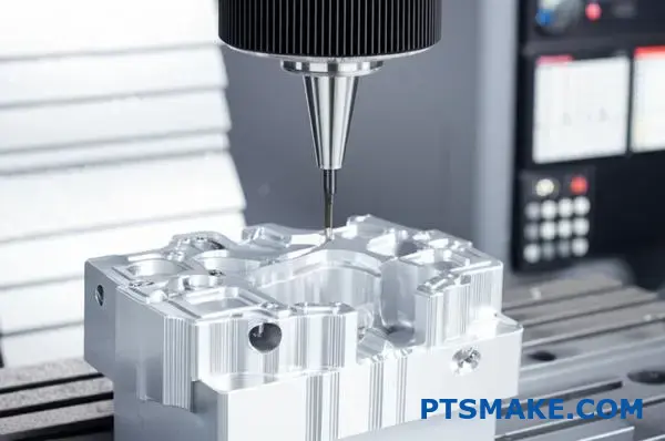 Modern CNC machine performing precision multi-axis machining on complex aluminum component in industrial setting