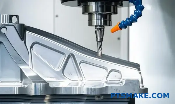 Advanced multi-axis CNC machine precisely cutting curved aluminum aerospace part with simultaneous 5-axis control technology