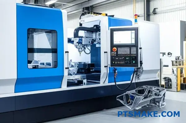Advanced multi-axis CNC machine with robotic automation system processing precision aerospace components in modern manufacturing facility